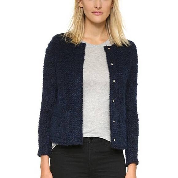 IRO Billa Navy Blue Boucle Wool Blend Tweed Snap Blazer 38 Crewneck Jacket M - Picture 1 of 8